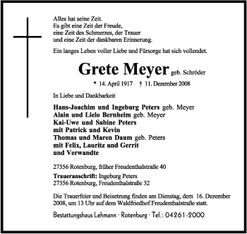 Traueranzeige von Grete Meyer von KREISZEITUNG SYKE