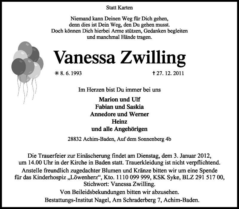  Traueranzeige für Vanessa Zwilling vom 30.12.2011 aus KREISZEITUNG SYKE