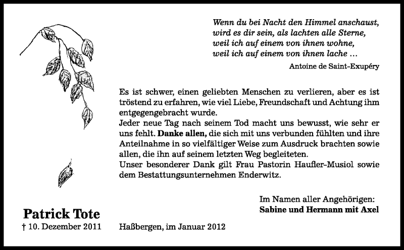  Traueranzeige für Patrick Tote vom 28.01.2012 aus KREISZEITUNG SYKE