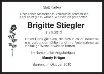 Traueranzeige von Brigitte Stiegler von KREISZEITUNG SYKE