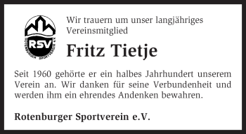 Traueranzeige von Fritz Tietje von KREISZEITUNG SYKE