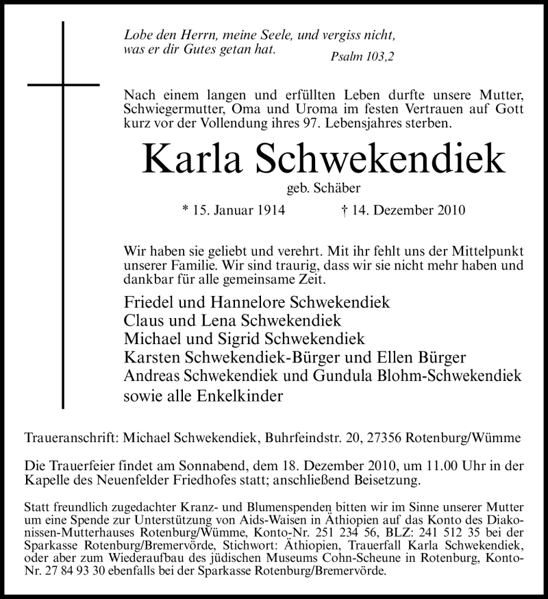  Traueranzeige für Karla Schwekendiek vom 16.12.2010 aus KREISZEITUNG SYKE