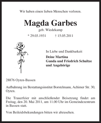 Traueranzeige von Magda Garbes von KREISZEITUNG SYKE