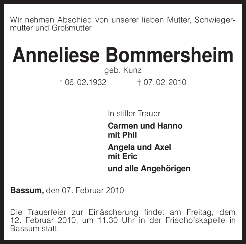  Traueranzeige für Anneliese Bommersheim vom 09.02.2010 aus KREISZEITUNG SYKE