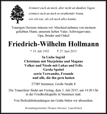 Traueranzeige von Friedrich-Wilhelm Hollmann von KRZ