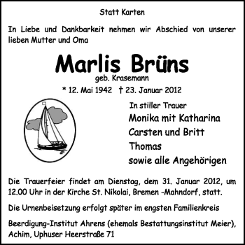 Traueranzeige von Marlis Brüns von KREISZEITUNG SYKE