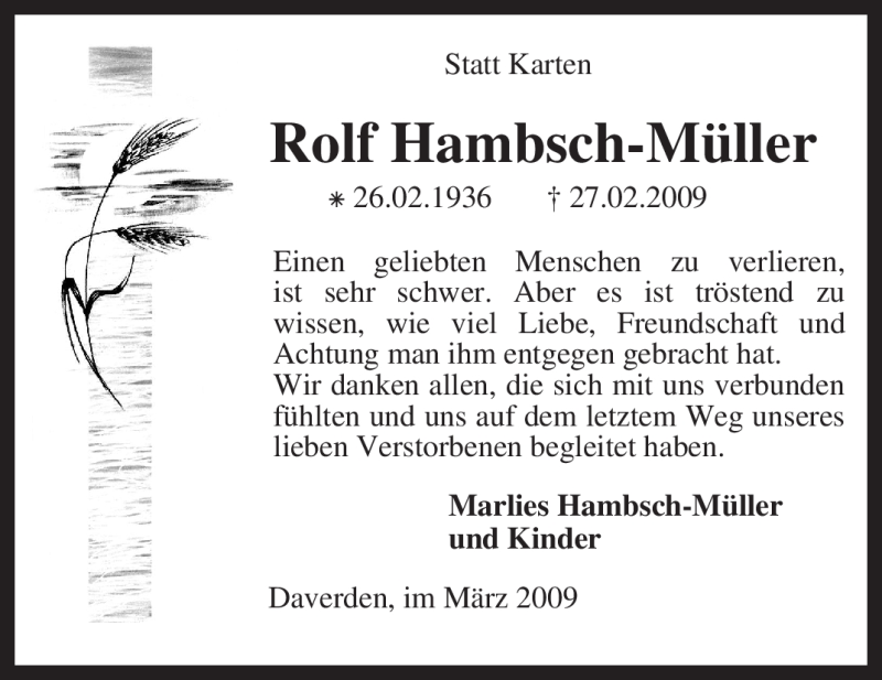  Traueranzeige für Rolf Hambsch-Müller vom 14.03.2009 aus KREISZEITUNG SYKE