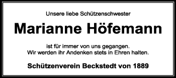 Traueranzeige von Marianne Höfemann von KREISZEITUNG SYKE