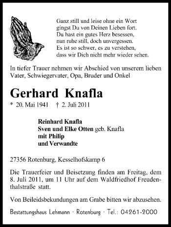 Traueranzeige von Gerhard Knafla von KREISZEITUNG SYKE