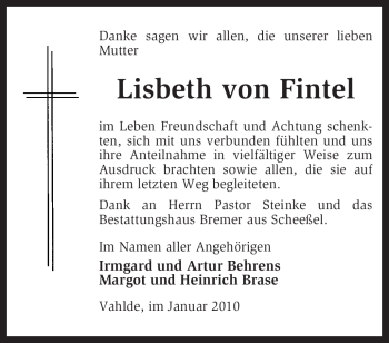 Traueranzeige von Lisbeth von Fintel von KREISZEITUNG SYKE