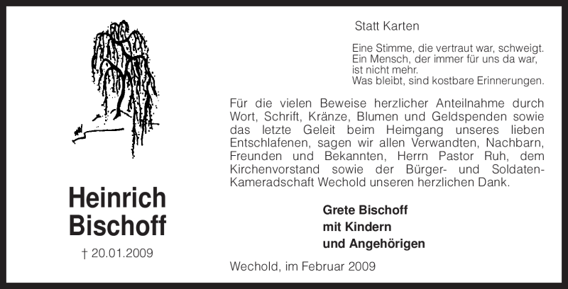  Traueranzeige für Heinrich Bischoff vom 28.02.2009 aus KREISZEITUNG SYKE