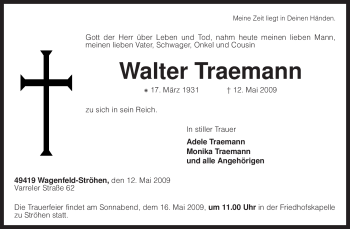 Traueranzeige von Walter Traemann von KREISZEITUNG SYKE