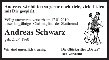 Traueranzeige von Andreas Schwarz von KREISZEITUNG SYKE