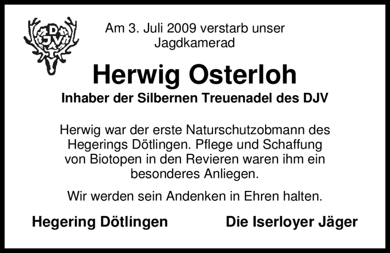  Traueranzeige für Herwig Osterloh vom 11.07.2009 aus KREISZEITUNG SYKE