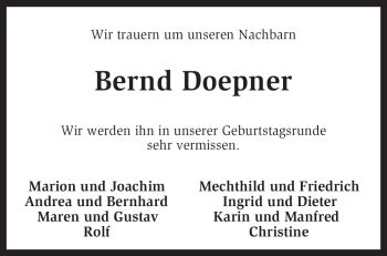 Traueranzeige von Bernd Doepner von KREISZEITUNG SYKE