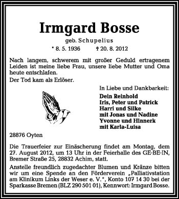 Traueranzeige von Irmgard Bosse von KREISZEITUNG SYKE