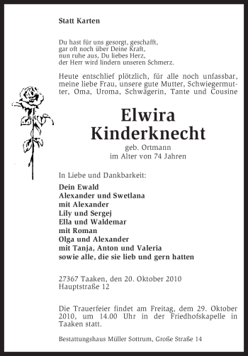 Traueranzeige von Elwira Kinderknecht von KREISZEITUNG SYKE