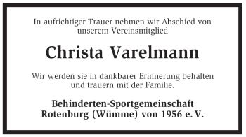 Traueranzeige von Christa Varelmann von KREISZEITUNG SYKE