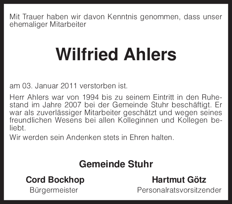  Traueranzeige für Wilfried Ahlers vom 07.01.2011 aus KREISZEITUNG SYKE