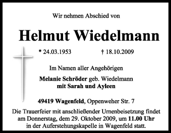 Traueranzeige von Helmut Wiedelmann von KREISZEITUNG SYKE