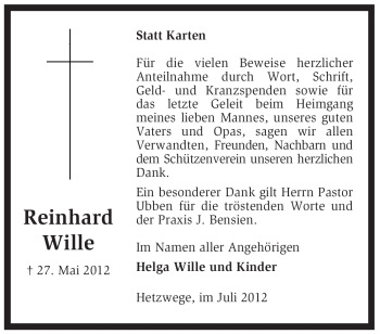 Traueranzeige von Reinhard Wille von KREISZEITUNG SYKE