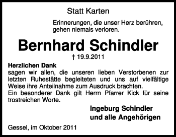 Traueranzeige von Bernhard Schindler von KREISZEITUNG SYKE