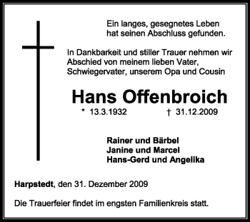 Traueranzeige von Hans Offenbroich von KREISZEITUNG SYKE