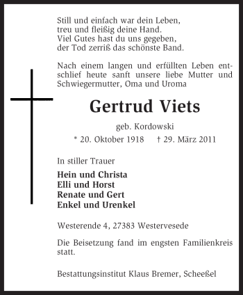 Traueranzeige von Gertrud Viets von KREISZEITUNG SYKE