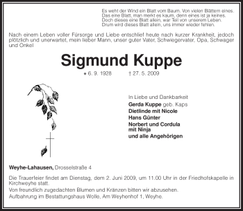 Traueranzeige von Sigmund Kuppe von KREISZEITUNG SYKE