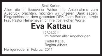 Traueranzeige von Eva Kattau von KREISZEITUNG SYKE