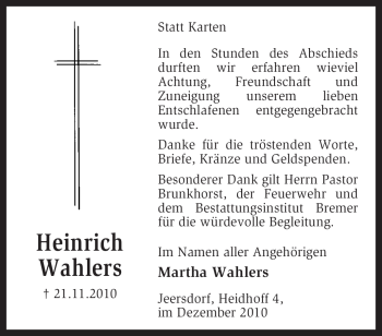 Traueranzeige von Heinrich Wahlers von KREISZEITUNG SYKE