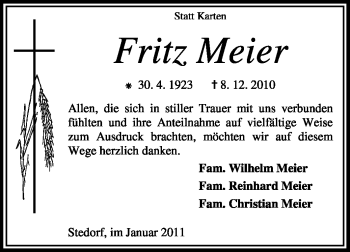 Traueranzeige von Fritz Meier von KREISZEITUNG SYKE