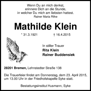 Traueranzeige von Mathilde Klein von KRZ