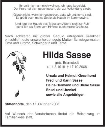 Traueranzeige von Hilda Sasse von KREISZEITUNG SYKE