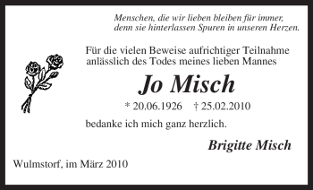 Traueranzeige von Jo Misch von KREISZEITUNG SYKE