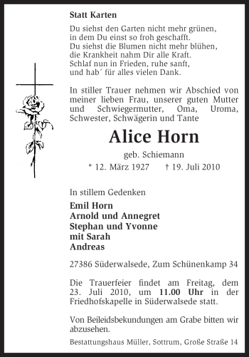 Traueranzeige von Alice Horn von KREISZEITUNG SYKE