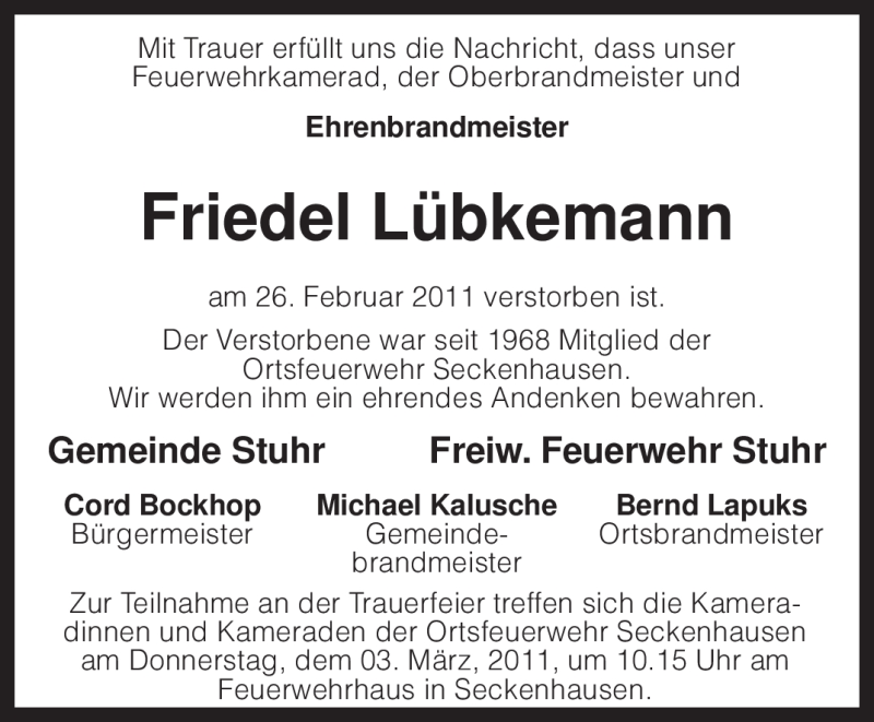  Traueranzeige für Friedel Lübkemann vom 01.03.2011 aus KREISZEITUNG SYKE