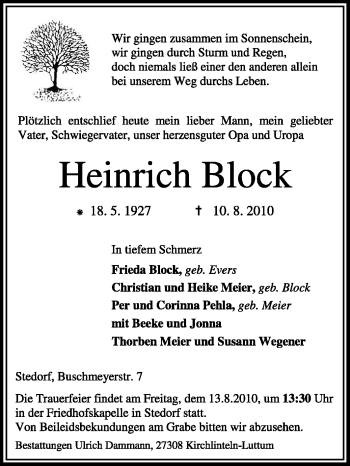 Traueranzeige von Heinrich Block von KREISZEITUNG SYKE