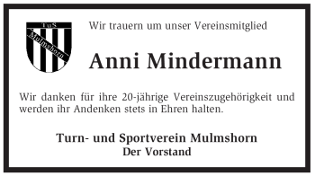 Traueranzeige von Anni Mindermann von KREISZEITUNG SYKE