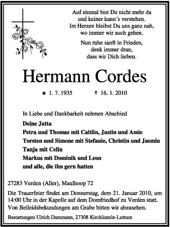 Traueranzeige von Hermann Cordes von KREISZEITUNG SYKE