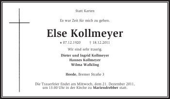 Traueranzeige von Else Kollmeyer von KREISZEITUNG SYKE