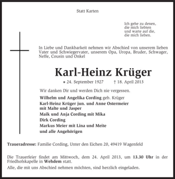 Traueranzeige von Karl-Heinz Krüger von Kreiszeitung