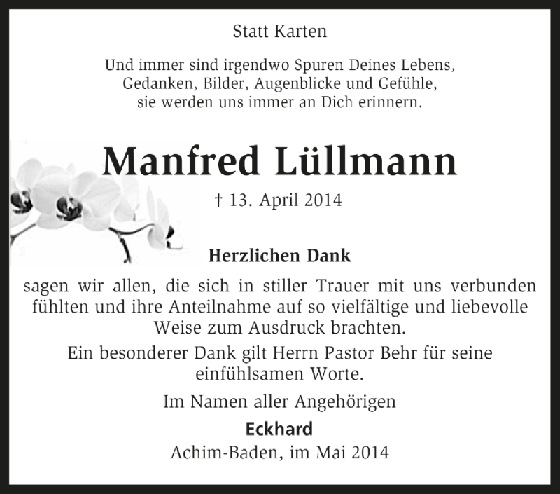  Traueranzeige für Manfred Lüllmann vom 26.05.2014 aus KRZ