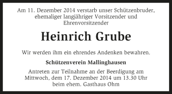 Traueranzeige von Heinrich Grube von Kreiszeitung