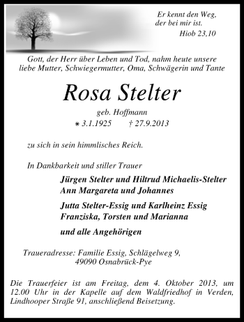 Traueranzeige von Rosa Stelter von Kreiszeitung