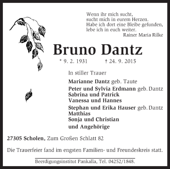 Traueranzeige von Bruno Dantz von KRZ