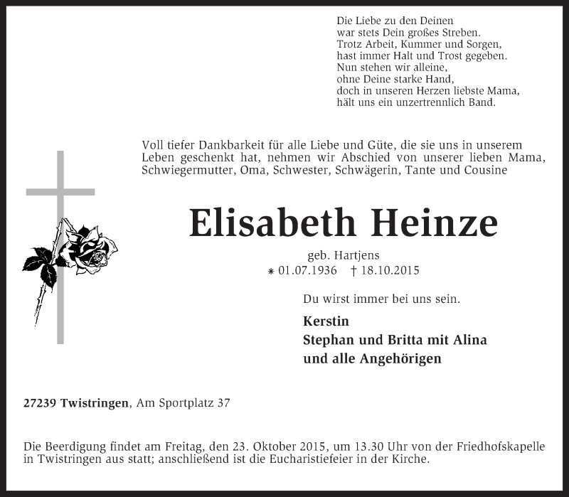 Traueranzeige für Elisabeth Heinze vom 20.10.2015 aus KRZ