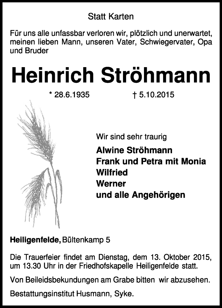  Traueranzeige für Heinrich Ströhmann vom 07.10.2015 aus KRZ