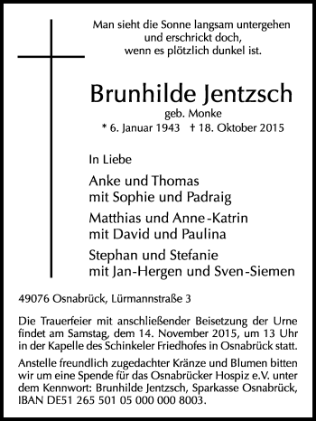 Traueranzeige von Brunhilde Jentzsch von KRZ