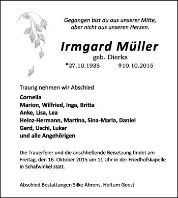 Traueranzeige von Irmgard Müller von KRZ